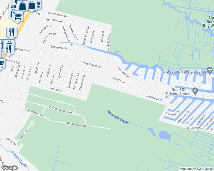 map of restaurants, bars, coffee shops, grocery stores, and more near 409 Sunrise Boulevard in Lacey Township
