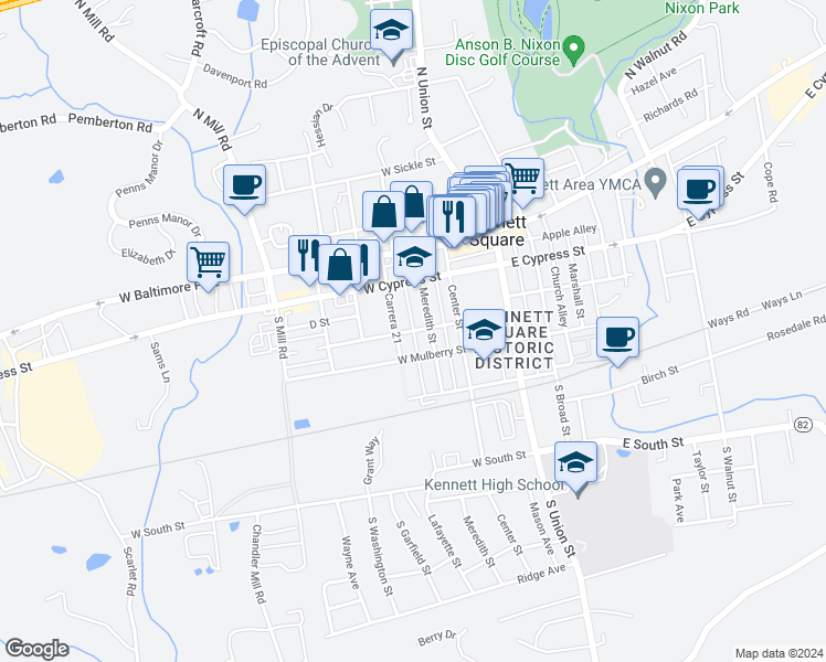 map of restaurants, bars, coffee shops, grocery stores, and more near Magnolia Street in Kennett Square