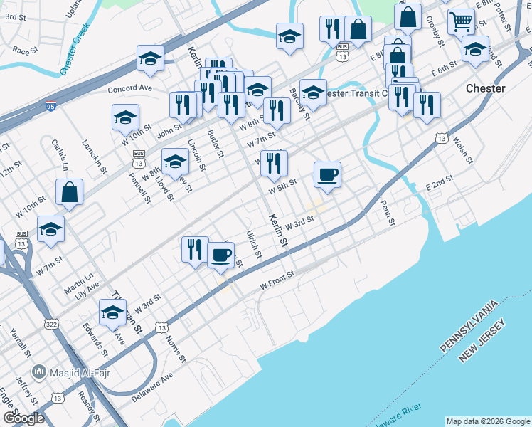 map of restaurants, bars, coffee shops, grocery stores, and more near 353 Kerlin Street in Chester