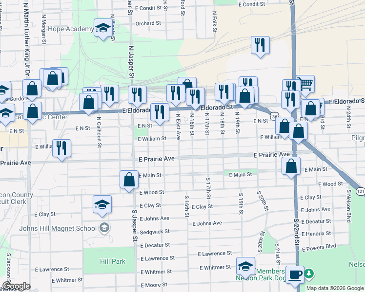 map of restaurants, bars, coffee shops, grocery stores, and more near 1464 East William Street in Decatur