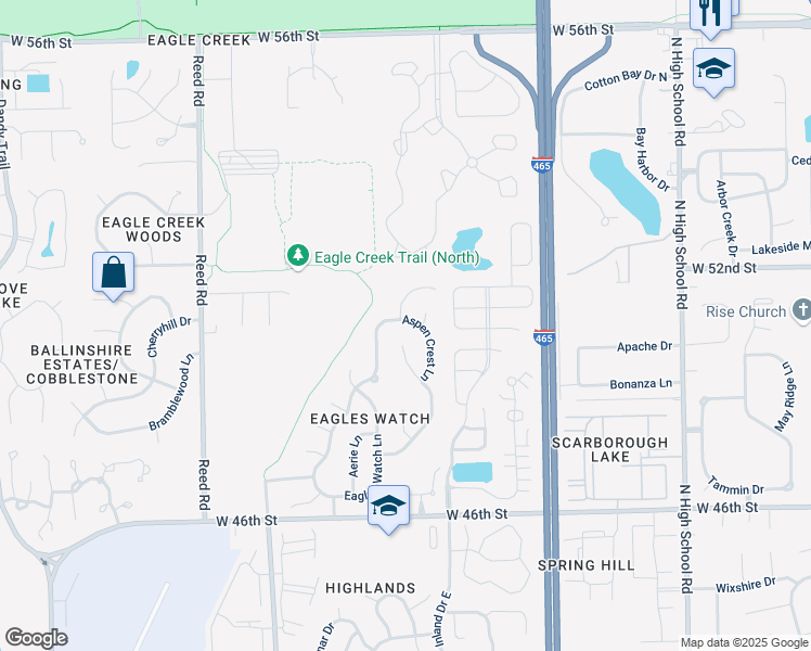map of restaurants, bars, coffee shops, grocery stores, and more near 5117 Aspen Talon Court in Indianapolis