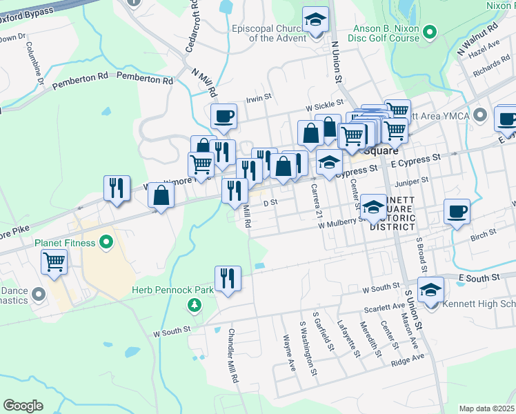 map of restaurants, bars, coffee shops, grocery stores, and more near 200 South Mill Road in Kennett Square