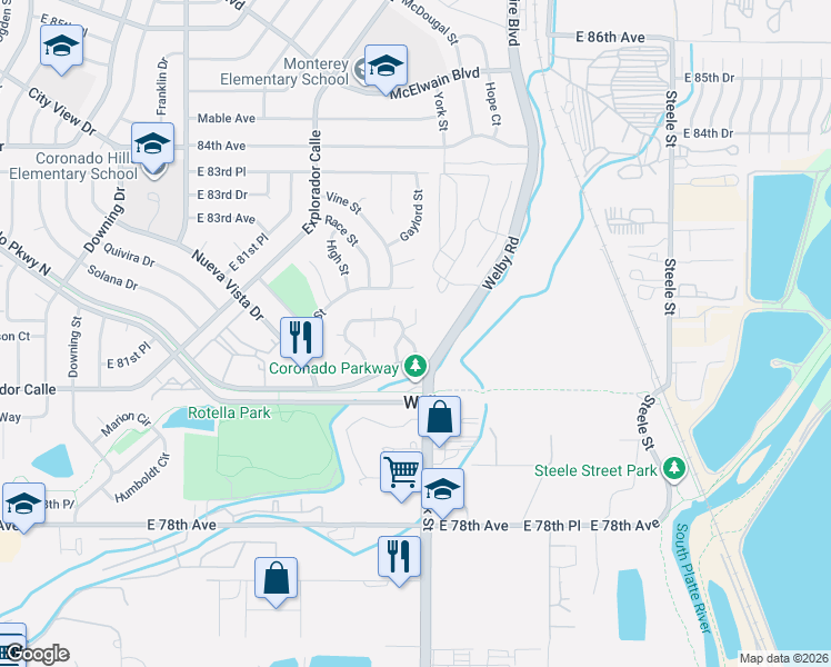 map of restaurants, bars, coffee shops, grocery stores, and more near 2259 Coronado Parkway North in Thornton