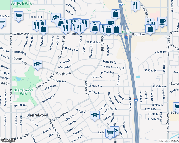 map of restaurants, bars, coffee shops, grocery stores, and more near 448 Douglas Drive in Denver