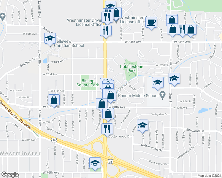 map of restaurants, bars, coffee shops, grocery stores, and more near 2909 West 81st Avenue in Westminster