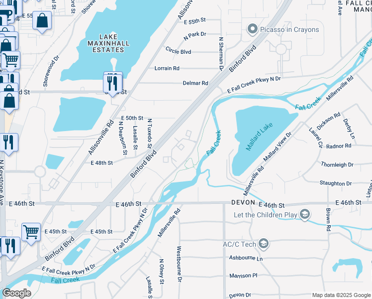 map of restaurants, bars, coffee shops, grocery stores, and more near 3433 Alsuda Court in Indianapolis