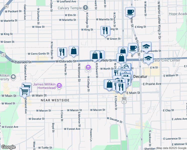 map of restaurants, bars, coffee shops, grocery stores, and more near 371 West North Street in Decatur