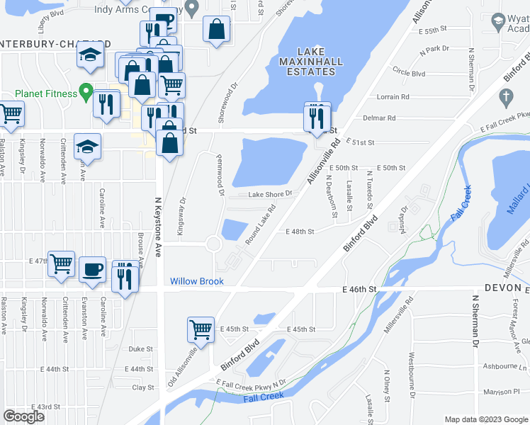 map of restaurants, bars, coffee shops, grocery stores, and more near 4724 Round Lake Road in Indianapolis
