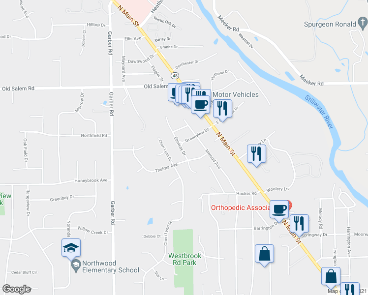 map of restaurants, bars, coffee shops, grocery stores, and more near 8350 Elmway Drive in Dayton