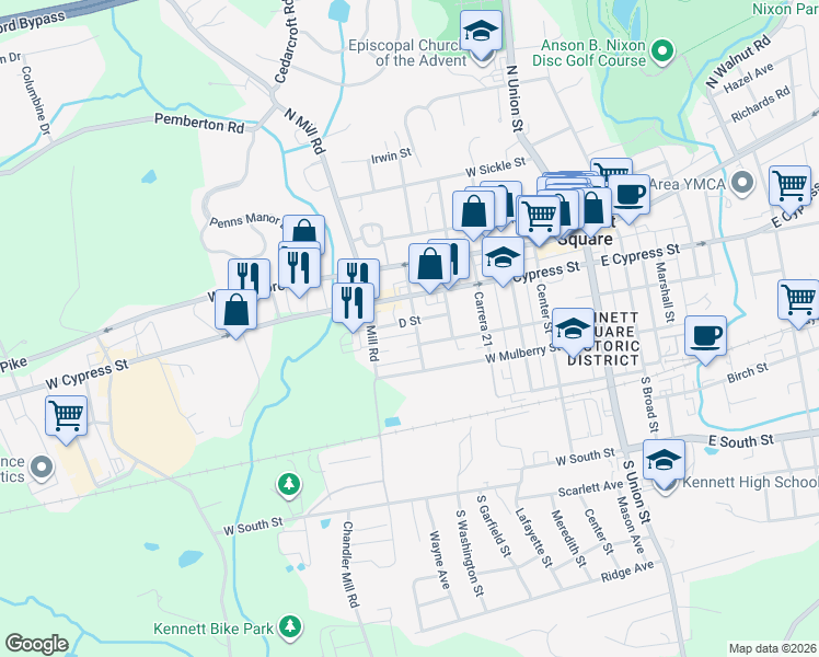 map of restaurants, bars, coffee shops, grocery stores, and more near 600 West Cypress Street in Kennett Square