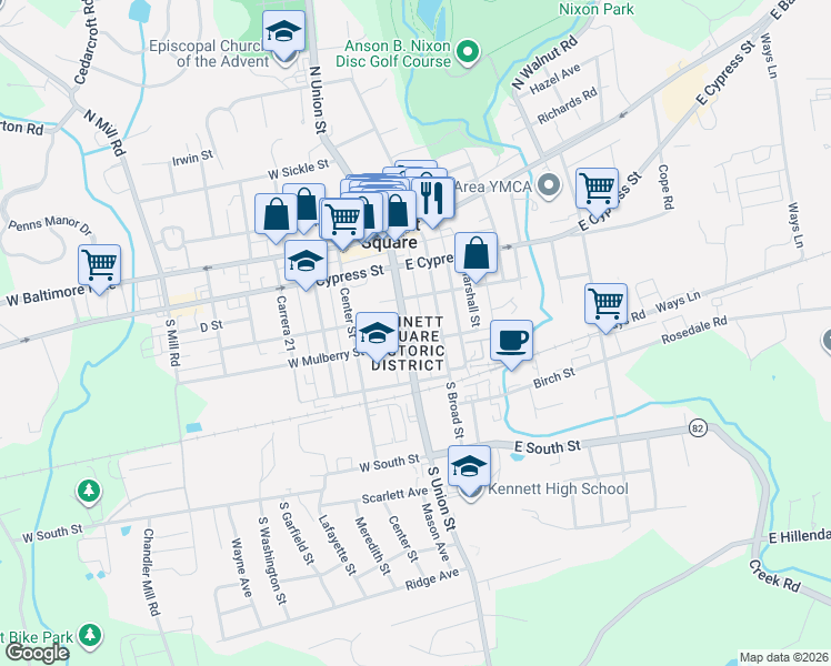 map of restaurants, bars, coffee shops, grocery stores, and more near 339 South Union Street in Kennett Square