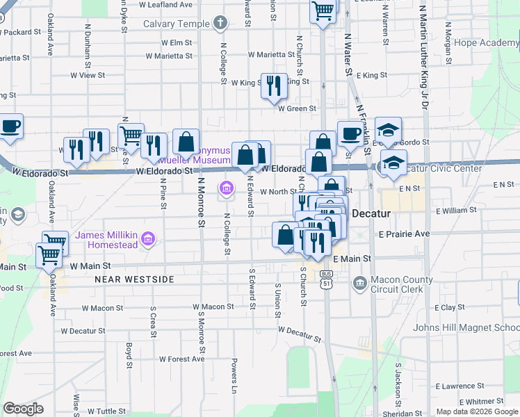 map of restaurants, bars, coffee shops, grocery stores, and more near 371 West North Street in Decatur