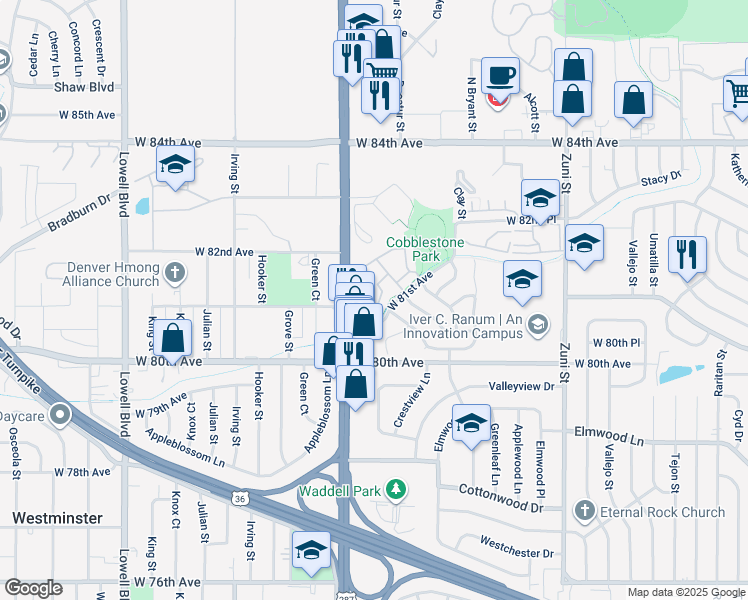 map of restaurants, bars, coffee shops, grocery stores, and more near 2903-2999 West 81st Avenue in Westminster