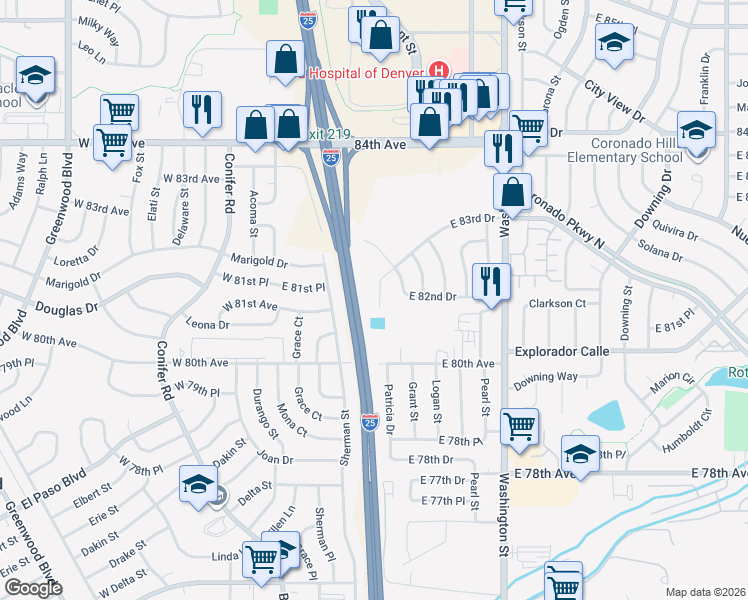 map of restaurants, bars, coffee shops, grocery stores, and more near 8141 Grant Street in Thornton