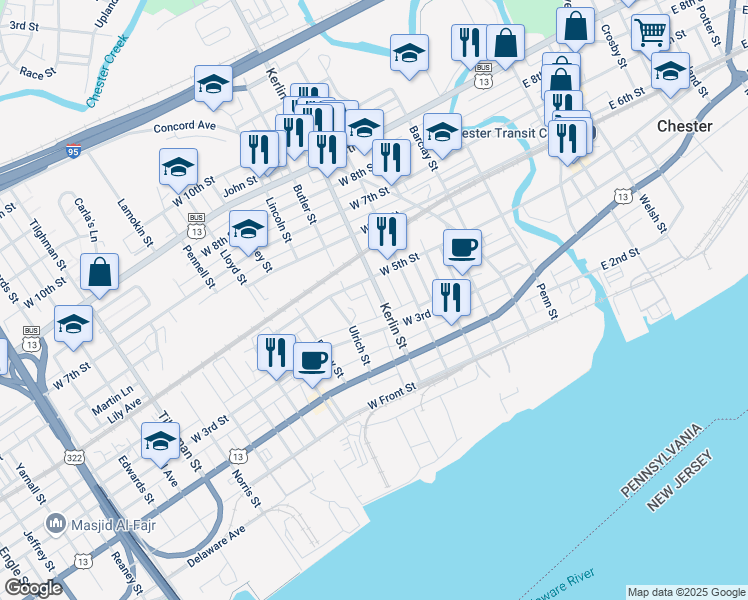 map of restaurants, bars, coffee shops, grocery stores, and more near 332 Kerlin Street in Chester