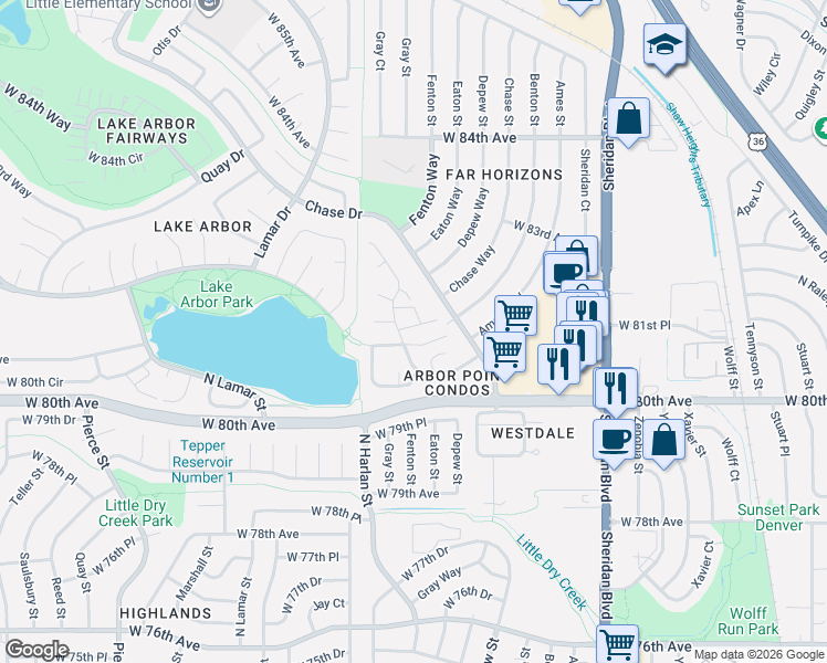 map of restaurants, bars, coffee shops, grocery stores, and more near 8122 Gray Court in Arvada