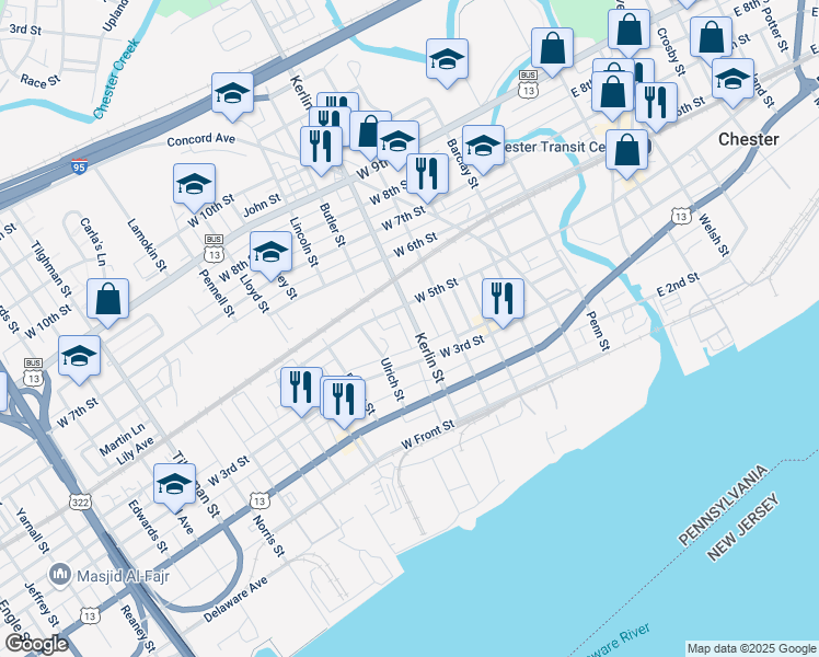 map of restaurants, bars, coffee shops, grocery stores, and more near 332 Kerlin Street in Chester