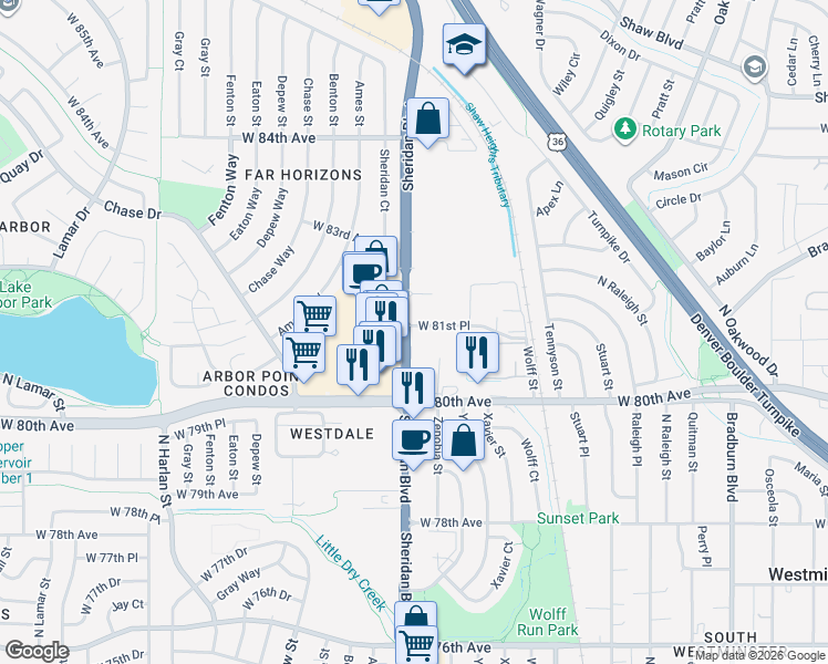 map of restaurants, bars, coffee shops, grocery stores, and more near 8140 Sheridan Boulevard in Westminster