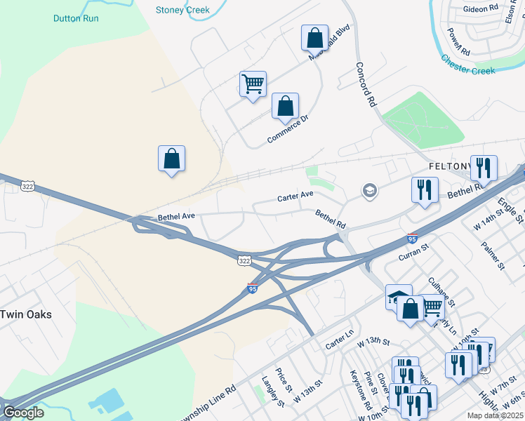 map of restaurants, bars, coffee shops, grocery stores, and more near 3166 Bethel Road in Chester
