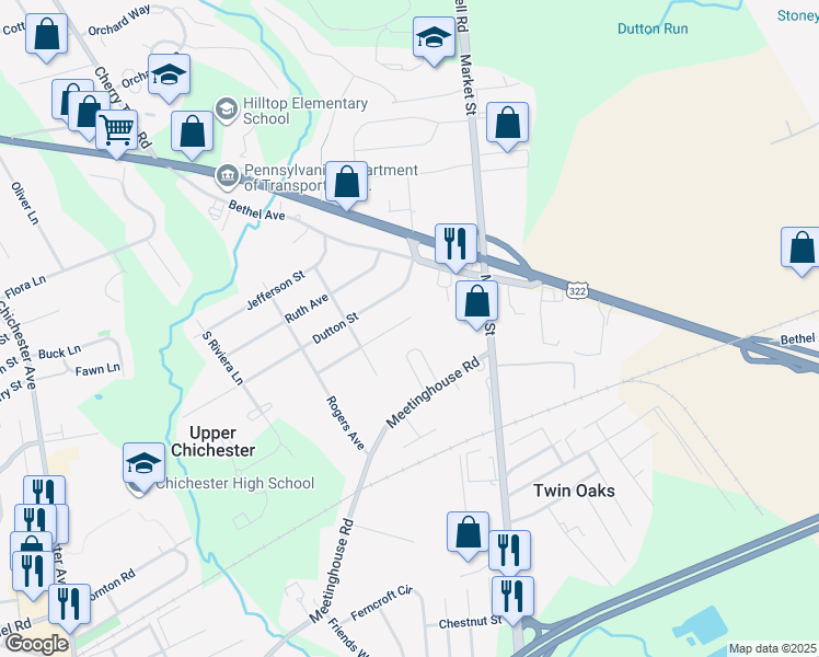 map of restaurants, bars, coffee shops, grocery stores, and more near 485 Monticello Avenue in Aston
