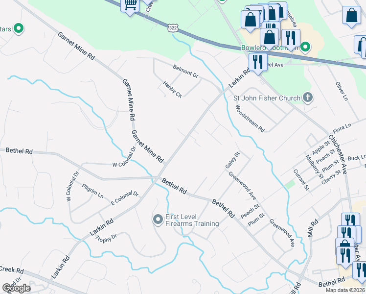 map of restaurants, bars, coffee shops, grocery stores, and more near 1820 Larkin Road in Boothwyn