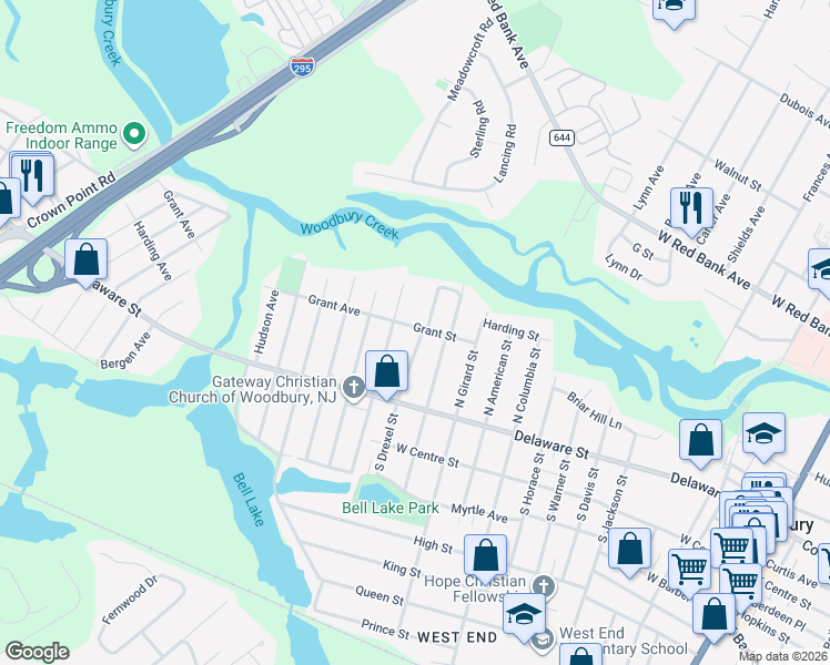 map of restaurants, bars, coffee shops, grocery stores, and more near 113 North Drexel Street in Woodbury