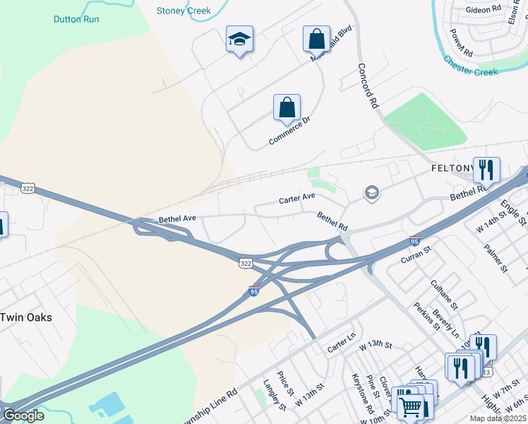 map of restaurants, bars, coffee shops, grocery stores, and more near 3166 Bethel Road in Chester