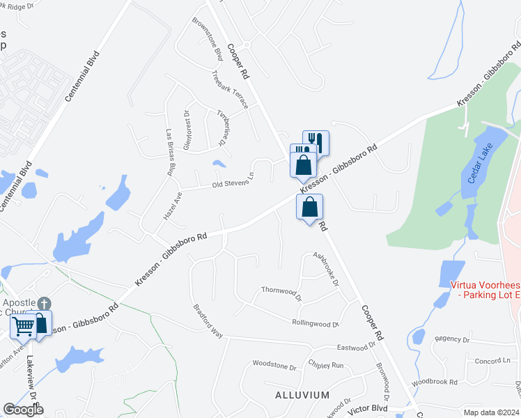 map of restaurants, bars, coffee shops, grocery stores, and more near 113 Kresson Gibbsboro Road in Voorhees Township