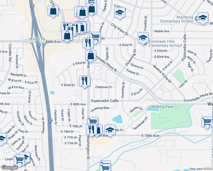 map of restaurants, bars, coffee shops, grocery stores, and more near 980 Coronado Parkway South in Thornton