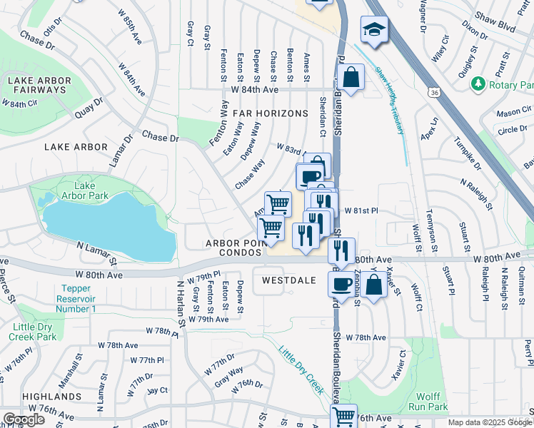map of restaurants, bars, coffee shops, grocery stores, and more near 5357 West 81st Place in Arvada