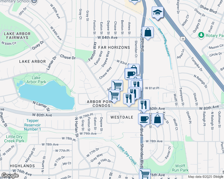map of restaurants, bars, coffee shops, grocery stores, and more near 5357 West 81st Place in Arvada