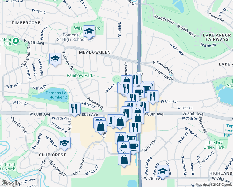 map of restaurants, bars, coffee shops, grocery stores, and more near 8140 Allison Place in Arvada