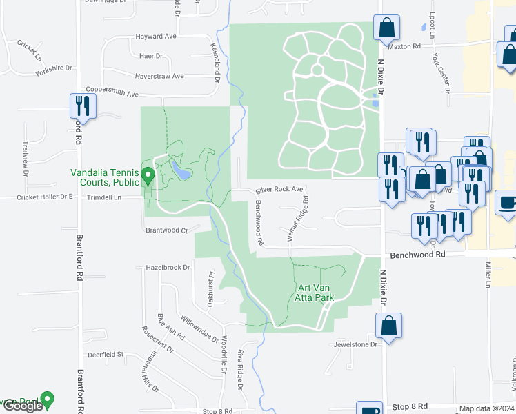 map of restaurants, bars, coffee shops, grocery stores, and more near 2950 Benchwood Road in Dayton