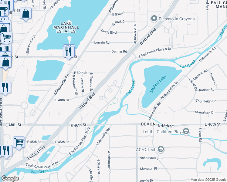 map of restaurants, bars, coffee shops, grocery stores, and more near 3433 Alsuda Court in Indianapolis