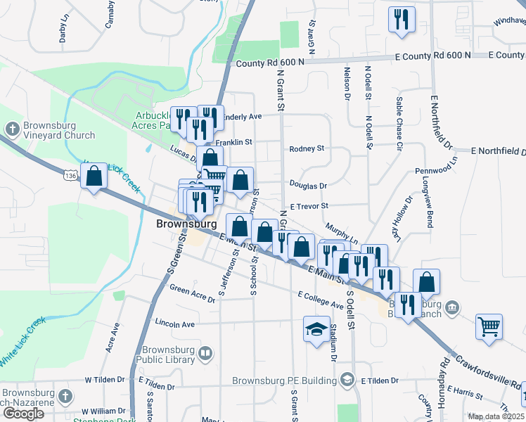 map of restaurants, bars, coffee shops, grocery stores, and more near 108 North Jefferson Street in Brownsburg