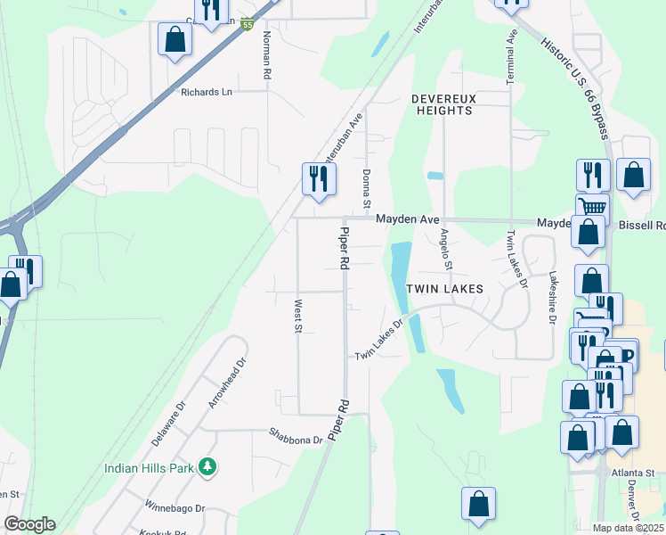 map of restaurants, bars, coffee shops, grocery stores, and more near 3159-3217 Devereux Heights Road in Springfield