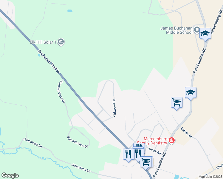 map of restaurants, bars, coffee shops, grocery stores, and more near 5599 Oakwood Drive in Mercersburg
