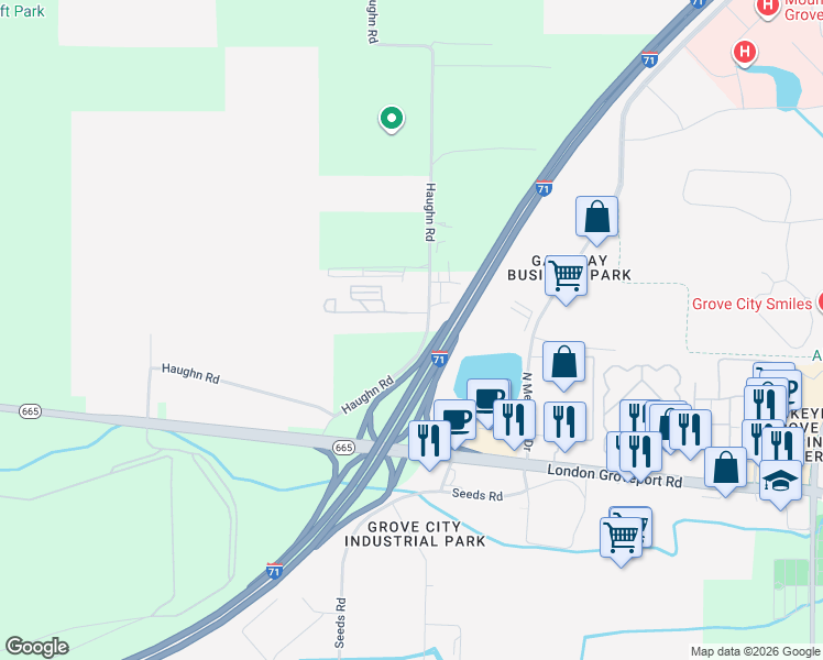 map of restaurants, bars, coffee shops, grocery stores, and more near 5957 Haughn Road in Grove City