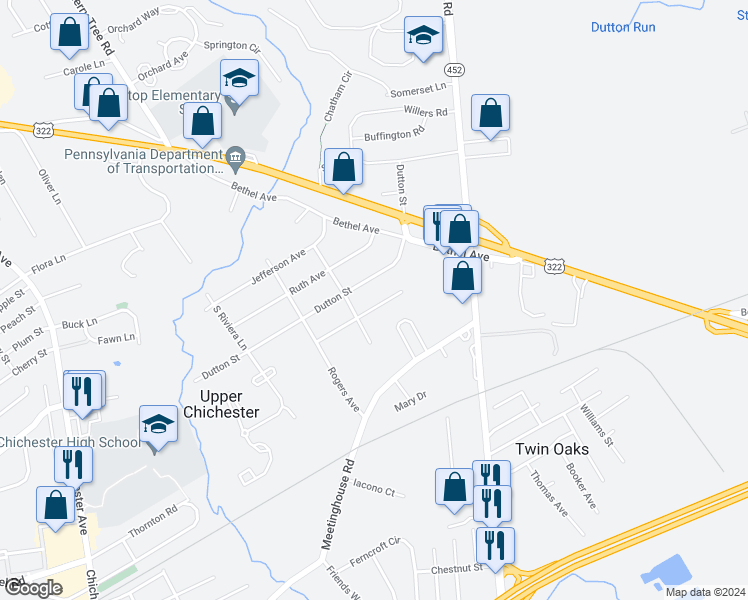 map of restaurants, bars, coffee shops, grocery stores, and more near 492 Monticello Avenue in Aston