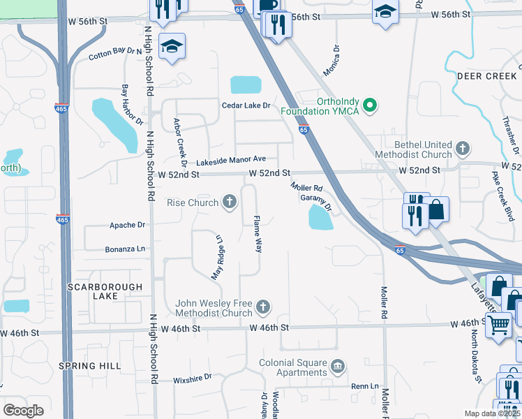 map of restaurants, bars, coffee shops, grocery stores, and more near 5031 Flame Way in Indianapolis