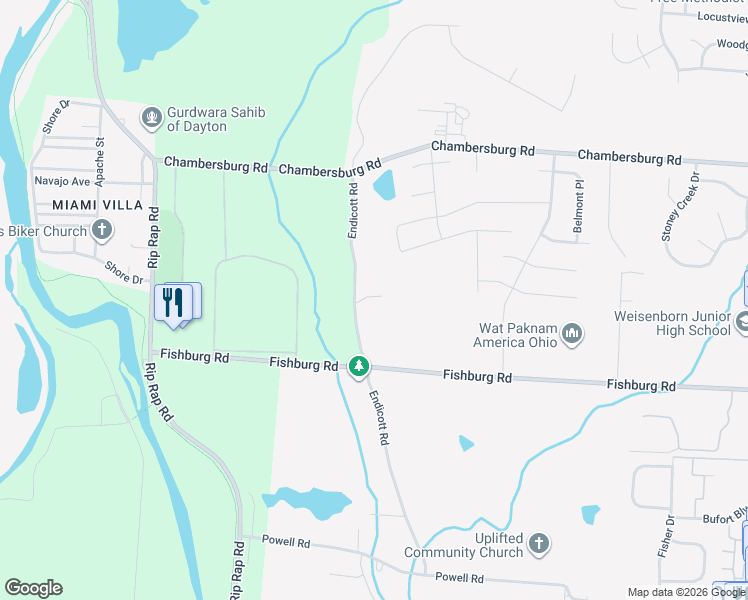 map of restaurants, bars, coffee shops, grocery stores, and more near 6124 Endicott Road in Dayton