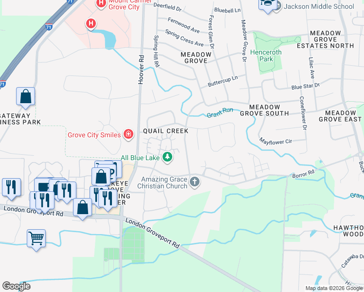 map of restaurants, bars, coffee shops, grocery stores, and more near 5779 Quail Run Drive in Grove City