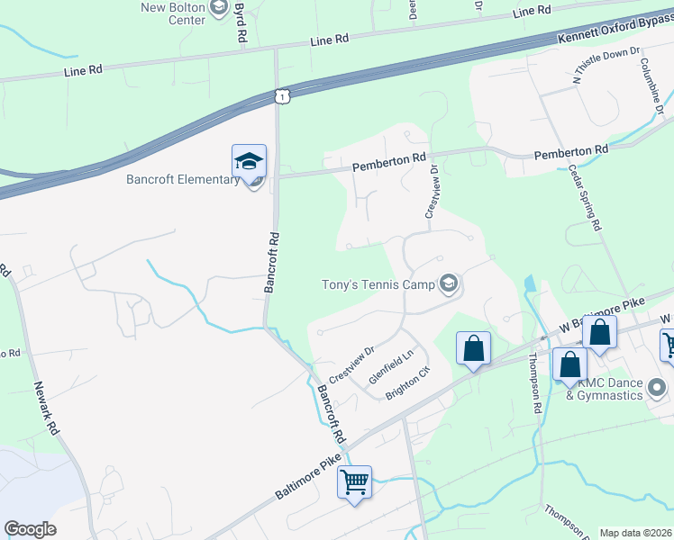 map of restaurants, bars, coffee shops, grocery stores, and more near 162 Bancroft Road in Kennett Square