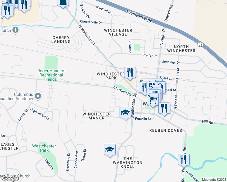 map of restaurants, bars, coffee shops, grocery stores, and more near 199 Groveport Pike in Canal Winchester