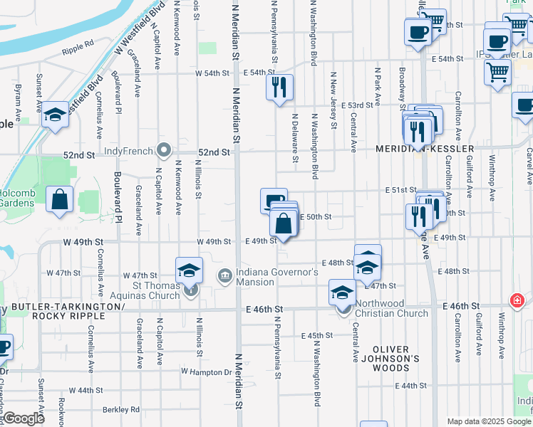 map of restaurants, bars, coffee shops, grocery stores, and more near 5008 North Pennsylvania Street in Indianapolis