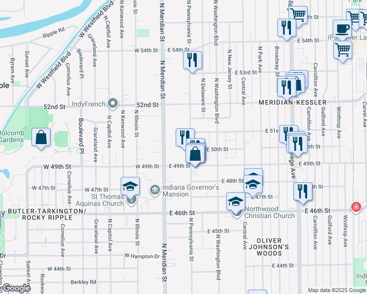 map of restaurants, bars, coffee shops, grocery stores, and more near 5008 North Pennsylvania Street in Indianapolis