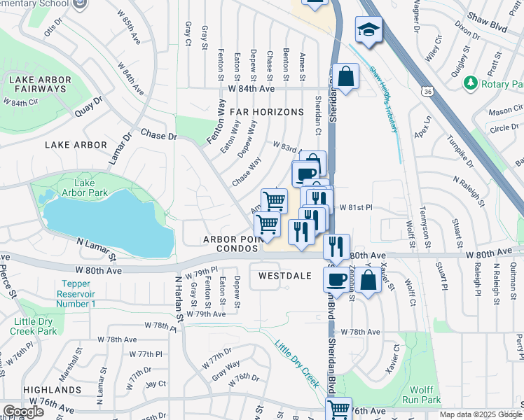 map of restaurants, bars, coffee shops, grocery stores, and more near 5357 West 81st Place in Arvada
