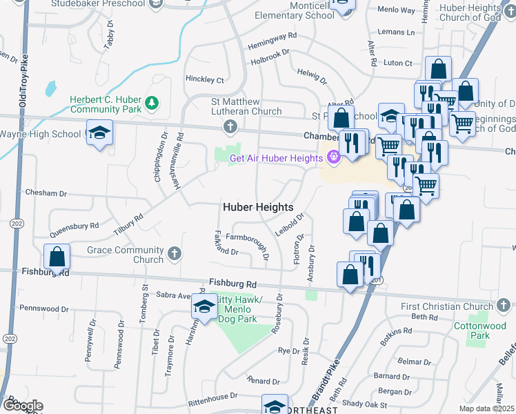 map of restaurants, bars, coffee shops, grocery stores, and more near in Huber Heights