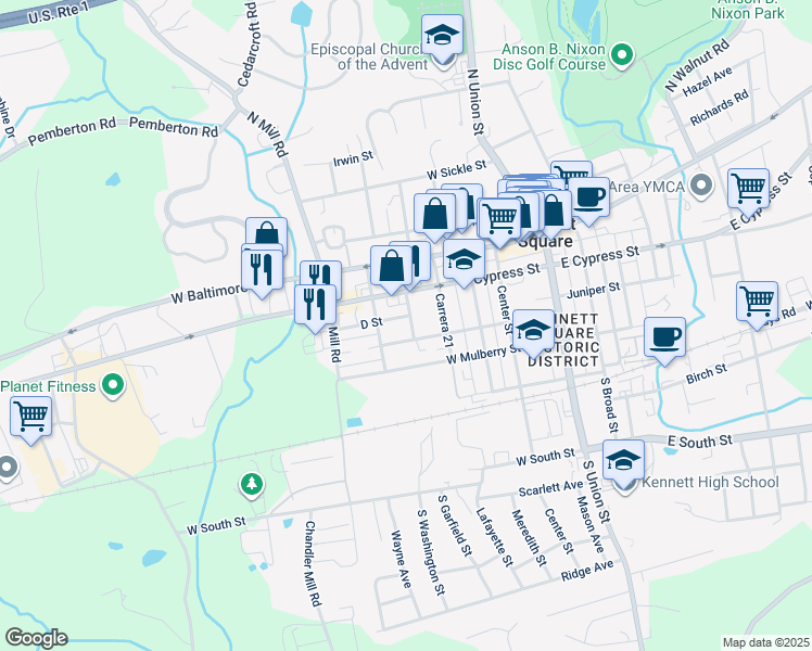 map of restaurants, bars, coffee shops, grocery stores, and more near 216 South Garfield Street in Kennett Square