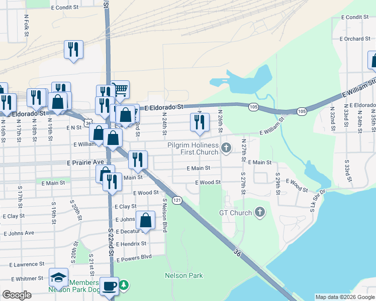 map of restaurants, bars, coffee shops, grocery stores, and more near 2401-2499 East William Street in Decatur